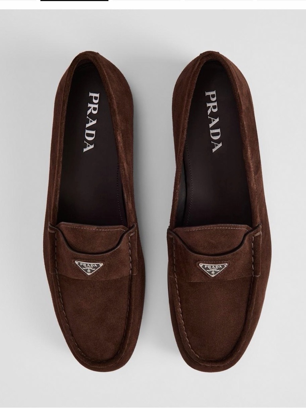 PRADA BROWN CALF SUEDE LOAFERS METAL TRIANGLE LOGO MEN’S SZ UK 9.5 / US 10.5 NEW - Picture 4 of 16